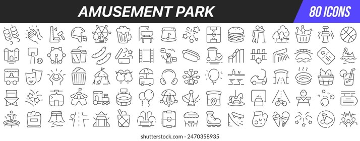 Vergnügungspark Line Icons Kollektion. Großes UI-Symbol in einem flachen Design gesetzt. Dünne Kontursymbole packen. Vektorillustration EPS10