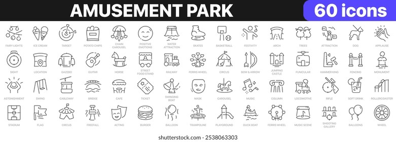 Amusement park line icons collection. Carousel, circus, swing, cafe, stadium, playground icons. UI icon set. Thin outline icons pack. Vector illustration EPS10