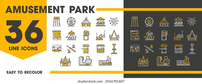 Amusement park line icons, funfair rides and rollercoaster carousels, vector family attractions. Amusement park icons of circus, Ferris wheel, kids trampoline and ice cream booth with shooting gallery