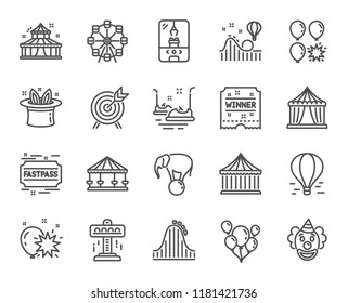 Amusement park line icons. Set of Carousels, Roller coaster and Circus linear icons. Air balloon, Crane claw machine and Fastpass symbols. Circus amusement park tickets. Vector