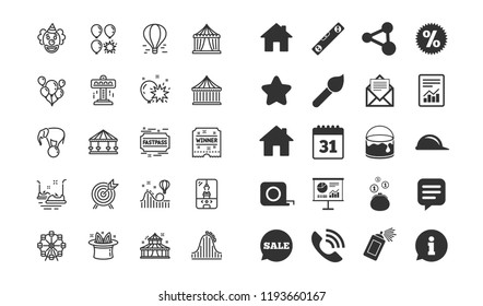 Amusement park line icons. Set of Carousels, Roller coaster and Circus linear icons. Air balloon, Crane claw machine and Fastpass symbols. Circus amusement park tickets. Vector