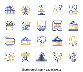 Amusement park line icons. Set of Carousel, Roller coaster and Circus icons. Air balloon, Crane claw machine and Fastpass symbols. Circus amusement park tickets. Ferris wheel carousel. Vector