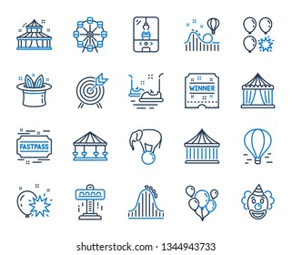 Amusement park line icons. Set of Carousel, Roller coaster and Circus icons. Air balloon, Crane claw machine and Fastpass symbols. Circus amusement park tickets. Ferris wheel carousel. Vector