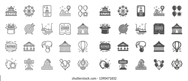 Amusement park line icons. Set of Carousel, Roller coaster and Circus icons. Air balloon, Crane claw machine and Fastpass symbols. Circus amusement park tickets. Ferris wheel carousel. Vector