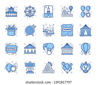 Amusement park line icons. Set of Carousel, Roller coaster and Circus icons. Air balloon, Crane claw machine and Fastpass symbols. Circus amusement park tickets. Ferris wheel carousel. Vector