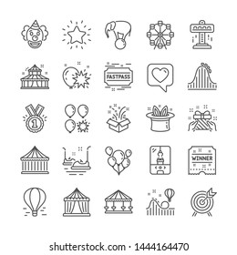 Amusement park line icons. Set of Circus, Carousel and Roller coaster icons. Air balloon, Crane claw machine and Fastpass symbols. Circus amusement park tickets. Ferris wheel carousel. Vector