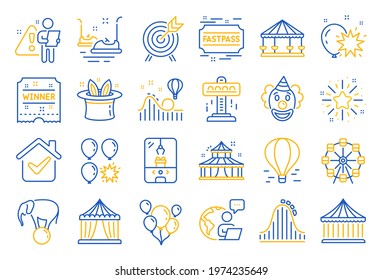 Amusement park line icons. Set of Carousel, Roller coaster and Circus icons. Air balloon, Crane claw machine and Fastpass symbols. Circus amusement park tickets. Ferris wheel carousel. Vector