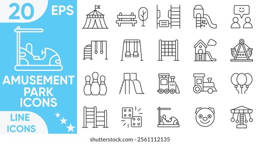 Amusement park line icons set.Included icons as kids outdoor toy, sandbox, children parks, slide, monkey bar, dome climber.vector and illustrator set