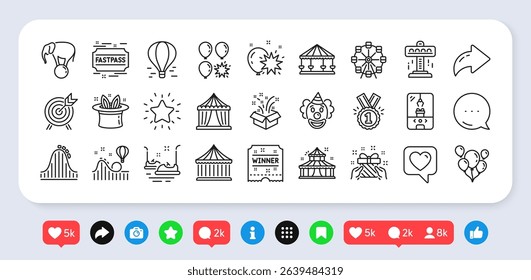 Amusement park line icons. Social media: share, comment, like icons. Set of Circus, Carousel and Roller coaster icons. Air balloon, Crane claw machine and Fastpass symbols. Vector