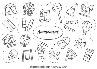 Amusement park linear elements and objects. Entertainment vector symbols collection.