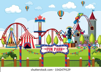 Amusement park with many rides during the day illustration
