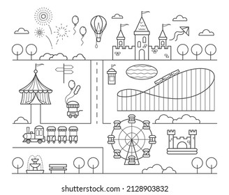 Amusement park map. Circus, ferris wheel rollercoaster and attractions for kids. Children playground. Outline vector illustration