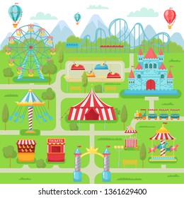 Amusement park map. Family entertainment festival attractions carousel, roller coaster and ferris wheel. Fairground navigation, circus funfair tent map vector illustration