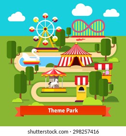 Amusement park map, ferris wheel, roller coaster, carnival tent, carousel and ticket booth. Flat vector cartoon illustration.