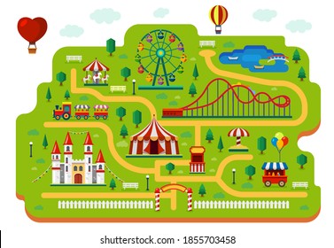 Mapa del parque de atracciones, paseos en carnaval, carruseles vectoriales y guía de información del patio de recreo. Mapa de infografía del parque de atracciones con circo, comida callejera y lugares de montaña rusa, entretenimiento para niños