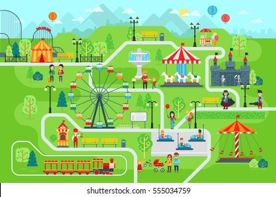 Amusement park map infographic elements in flat vector design. Happy people spend time relaxing in nature. Parents and children are walking in the park, attractions, castle, Ferris wheel, train, cars.