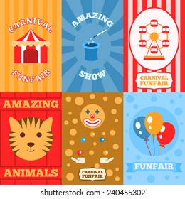 Amusement park mini poster set with carnival funfair amazing show animals isolated vector illustration