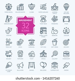 Amusement Park minimal thin line web icon set. Included the icons as Rollercoaster, Carousel, Ferros Wheel and more. Outline icons collection.
Simple vector illustration.