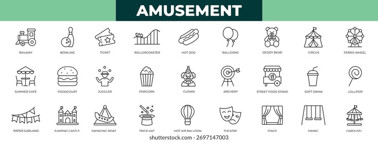 amusement park minimal thin line icon set with roller coasters, elephant, excitement,star, ticket, admission, booklet,  invitation, magic, map, and fun symbols for web and app design.
