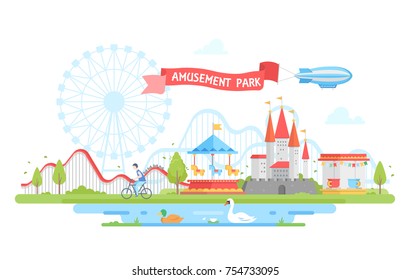 Amusement park - modern flat design style vector illustration. Lovely view with carousels, merry-go-round, castle, houses, cyclist, pond with swan and duck. Entertainment concept