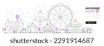 Amusement park - modern thin line design style vector banner on white urban background. Composition with ferris wheel, carousel, children castle, circus tent, ticket booth and cotton candy cart