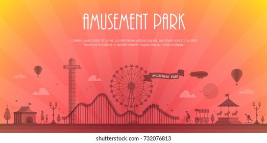 Amusement park - modern vector illustration with place for text. Landscape silhouette. Big wheel, attractions, benches, lanterns, trees, circus pavilion, carousel, people. Hot air balloon, airship