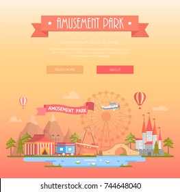 Amusement park - modern vector illustration on yellow background with place for text. Title on orange ribbon. Cityscape with attractions, circus pavilion, castle, mountains. Entertainment concept