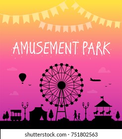 Amusement park - modern vector illustration with landscape silhouette. Nice lettering and garland. Black silhouettes of big wheel, attractions, lanterns, tree, circus pavillion. Entertainment concept