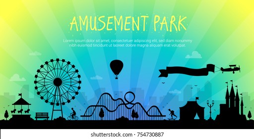 Amusement park - modern vector illustration with place for text on urban background. Big wheel, attractions, benches, lanterns, trees, people, merry-go-round, castle, people. Hot air balloon, airplane