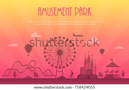 Amusement park - modern vector illustration with place for text. Landscape silhouette. Big wheel, attractions, benches, lanterns, trees, castle, carousel, people. Entertainment concept Сток-фото © 