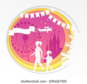 Amusement park - modern vector paper cut illustration on white background. High quality composition with mother and daughter going to the funfair with big wheel. Entertainment concept