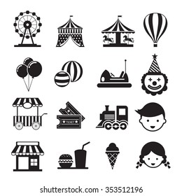 Amusement Park Mono Icons Set, Carnival, Fun Fair, Circus festival