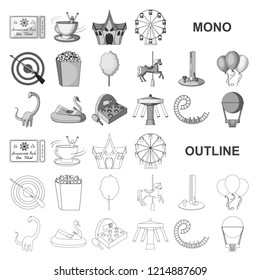 Amusement park monochrom icons in set collection for design. Equipment and attractions vector symbol stock web illustration.