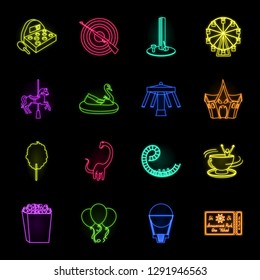 Amusement park neon icons in set collection for design. Equipment and attractions vector symbol stock web illustration.