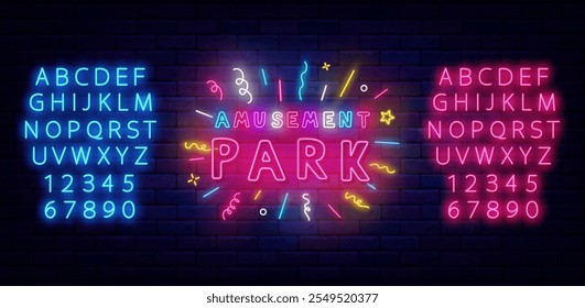 Etiqueta de neón del parque de atracciones. Señal justa con confeti. Alfabeto azul y rosa brillante. Vector ilustración de stock