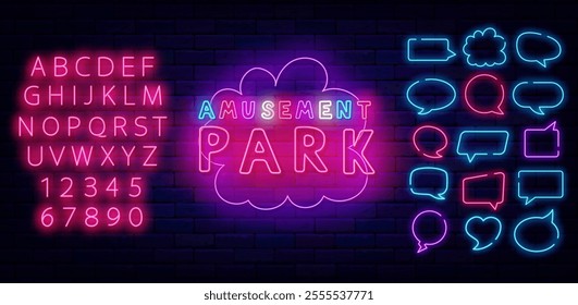 Amusement park neon label. Fair sign with confetti. Bright flyer. Funny carousel. Vector stock illustration