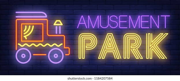 Amusement park neon text with toy car. Leisure and advertisement design. Night bright neon sign, colorful billboard, light banner. Vector illustration in neon style.