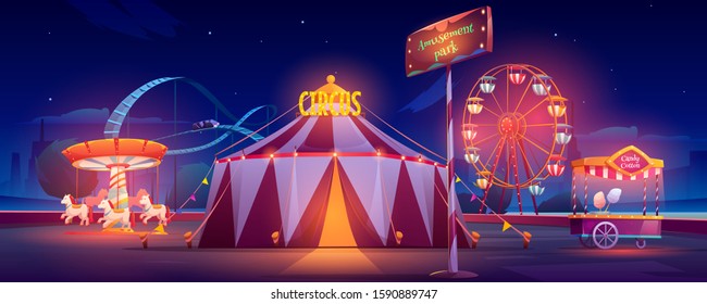Amusement park at night. Carnival circus tent, ferris wheel, roller coaster, carousel and candy cotton booth with glow illumination. Festive fair entertainment attractions. Cartoon vector illustration
