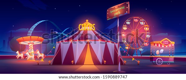 夜の遊園地 カーニバル サーカス テント 観覧車 ローラー コースター カルーセル キャンディー コットン ブースで 光彩を放ちます お祭り気分のお祭り漫画のベクターイラスト のベクター画像素材 ロイヤリティフリー