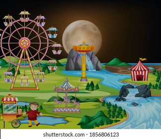 Amusement park at night landscape scene illustration