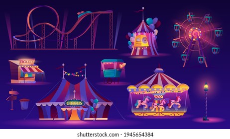 Amusement park night set. Vector ferris wheel, big top circus tent, roller coaster racing , carousel with horses, childish fairground and food cart with popcorn or ice cream. Street lamp, ticketsbox