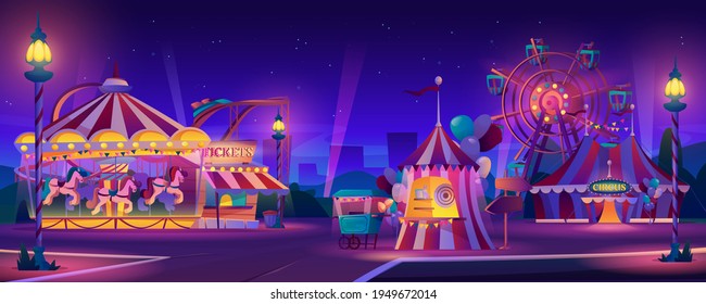 Amusement park at night. Vector festive fair entertainment attractions. Carnival circus tent, ferris wheel, roller coaster, carousel and candy cotton booth, glow illumination. Cityscape on background