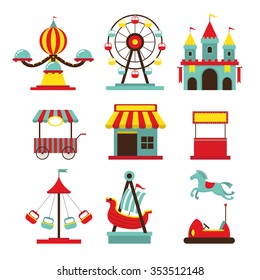 Amusement Park Objects Flat Icons Set, Carnival, Fun Fair, Circus, festival