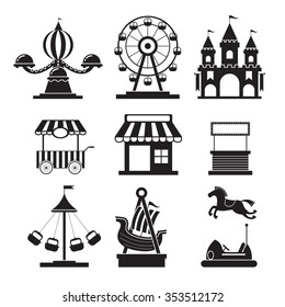 Amusement Park Objects Icons Mono Set, Carnival, Fun Fair, Circus, festival