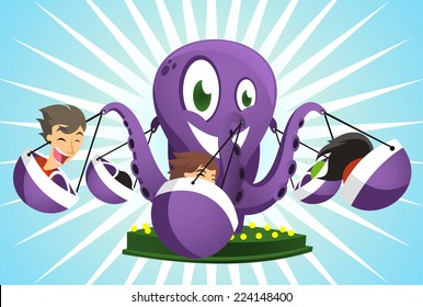 Amusement Park Octopus Game Super fun ride cartoon vector illustration