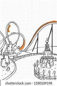 Amusement Park on Checkered Background. Black and white sketch. Vector illustration with hand drawn roller coaster. Blank for your design, children's entertainment.