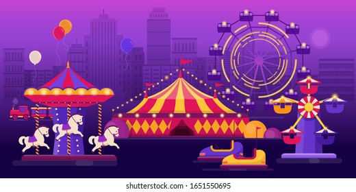 Parque de diversiones sobre el paisaje de la ciudad por la noche con carrusel, rueda de ferris y una carpa de circo. Ilustración vectorial plana