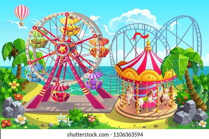 Amusement park on tropical beach. Carousel, ferris wheel, roller coaster. Vector illustration.
