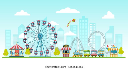 Amusement park 
on urban landscape background with ticket office, kiosk with ice cream, ferris wheel, balloons,  carousel with horses and train. Circus, Fun fair and Carnival vector illustration.