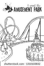 Amusement Park on a White Background. Black and white sketch. Roller Coaster on a White Background. Black and white image. Vector illustration with hand drawn roller coaster. Blank for your design.